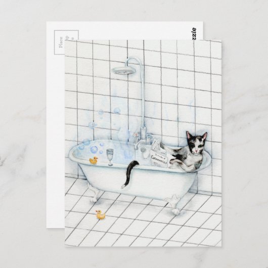 Carte Postale Journal de lecture de chat dans la baignoire (Devant / Derrière)