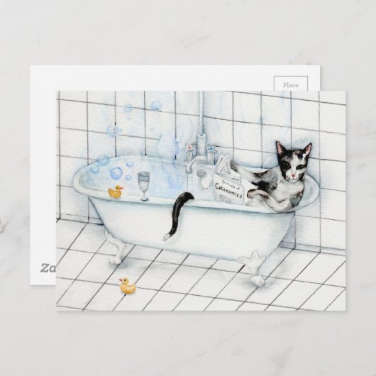 Carte Postale Journal de lecture de chat dans la baignoire (Devant / Derrière)