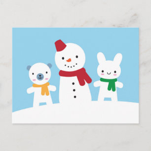Carte Postale Journée enneigée kawaii avec lapin et ours