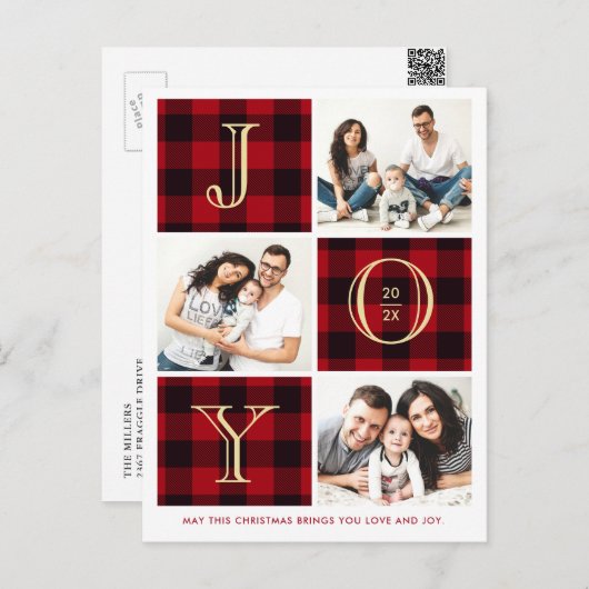 Carte Postale JOY | Red Plaid Photo Collage Noël (Devant / Derrière)
