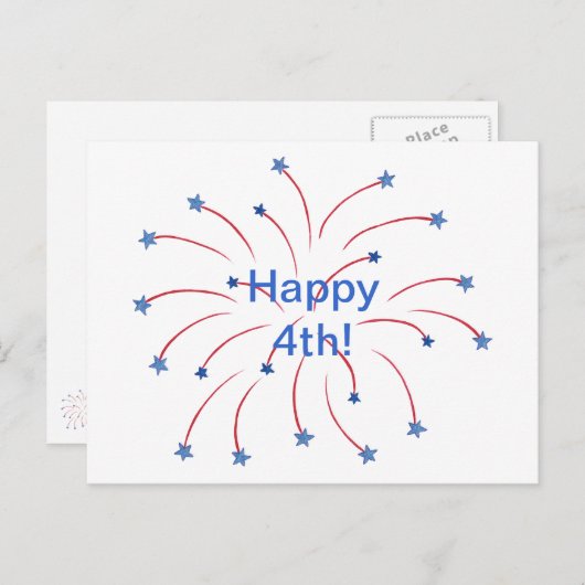 Carte Postale Joyeuse 4e étoile rouge blanc et bleu Fireworks (Devant / Derrière)