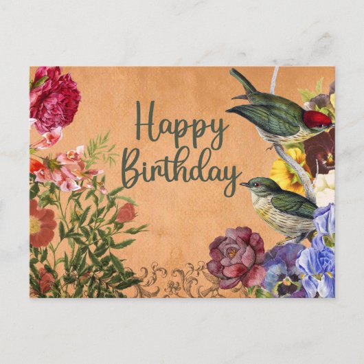 Carte Postale Joyeuse aquarelle d'anniversaire Fleurs Vintages, (Devant)