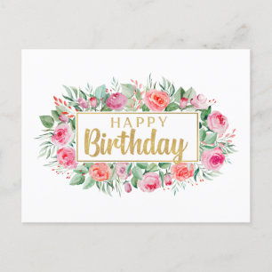 Carte Postale Joyeuse aquarelle d'anniversaire Roses roses roses