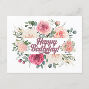 Carte Postale Joyeuse aquarelle d'anniversaire Roses Vintages Fl