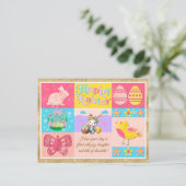 Carte Postale Joyeuse fête de Pâques avec lapin, poussin, oeufs (Debout devant)