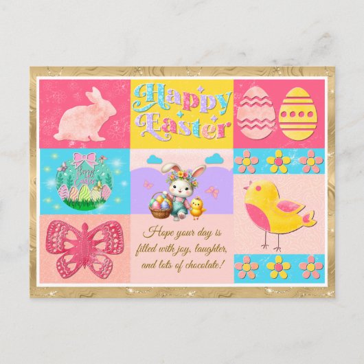 Carte Postale Joyeuse fête de Pâques avec lapin, poussin, oeufs (Devant)