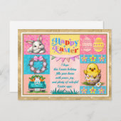 Carte Postale Joyeuse fête de Pâques avec lapin, poussin, oeufs  (Devant / Derrière)