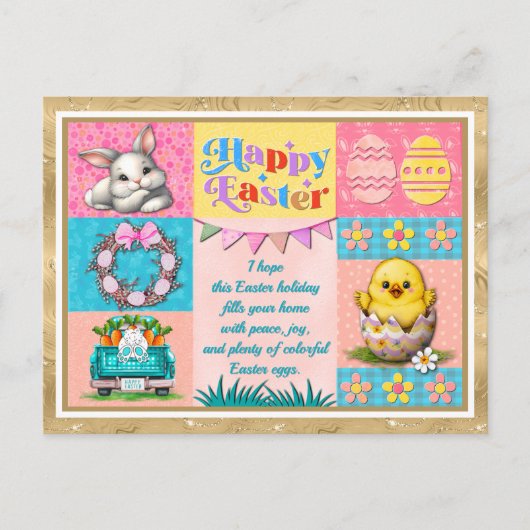 Carte Postale Joyeuse fête de Pâques avec lapin, poussin, oeufs  (Devant)