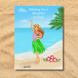 Carte Postale Joyeuse Fête des Lei Hawaïenne Fille de Hula Plage
