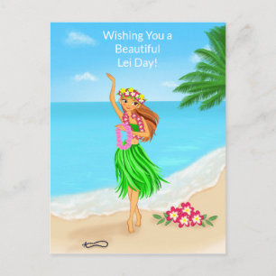Carte Postale Joyeuse Fête des Lei Hawaïenne Fille de Hula Plage