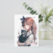 Carte Postale Joyeuse Fille Caturday tenant Son Chat Aquarelle (Debout devant)