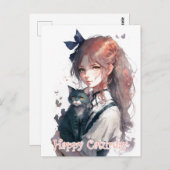 Carte Postale Joyeuse Fille Caturday tenant Son Chat Aquarelle (Devant / Derrière)