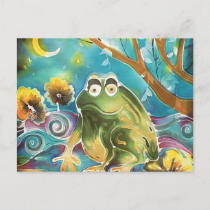Carte Postale Joyeuse grenouille lunaire à la peinture de soie n