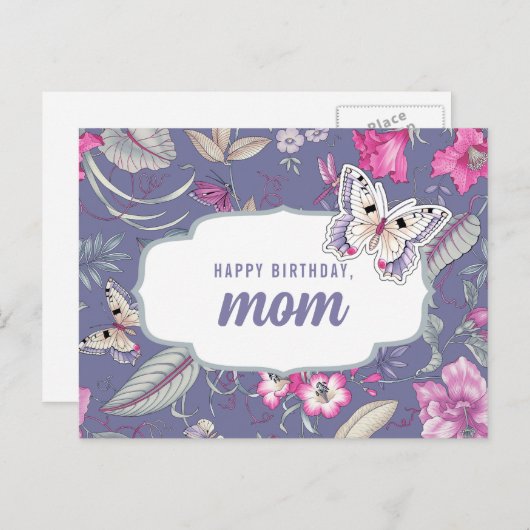 Carte Postale Joyeuse maman d'anniversaire. Fleurs et papillon a (Devant / Derrière)