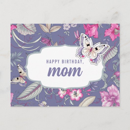 Carte Postale Joyeuse maman d'anniversaire. Fleurs et papillon a (Devant)