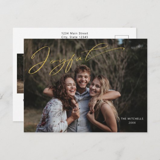 Carte Postale Joyeuse or moderne Calligraphie Script Photo (Devant / Derrière)