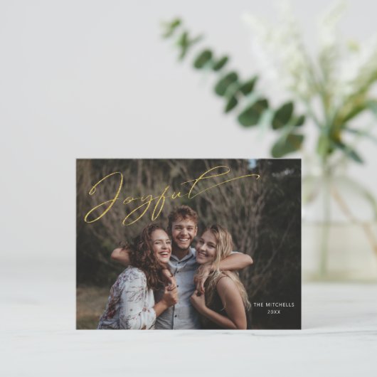 Carte Postale Joyeuse or moderne Calligraphie Script Photo (Debout devant)