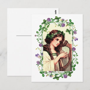 Carte Postale Joyeuse Saint-Patrick. Fille irlandaise avec harpe