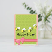 Carte Postale Joyeuses abeilles d'anniversaire B jour rose verte (Debout devant)