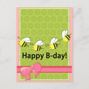 Carte Postale Joyeuses abeilles d'anniversaire B jour rose verte