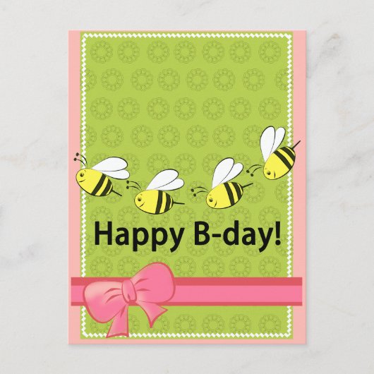 Carte Postale Joyeuses abeilles d'anniversaire B jour rose verte (Devant)