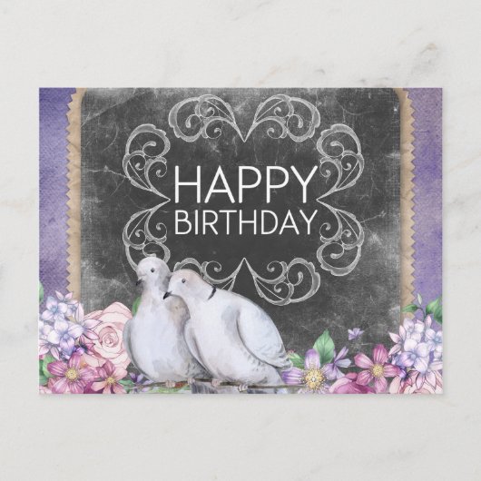 Carte Postale Joyeuses Doves d'Anniversaire Illustration florale (Devant)
