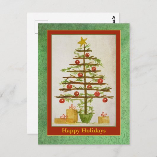 Carte Postale Joyeuses fêtes Arbre de Noël primitif (Devant / Derrière)