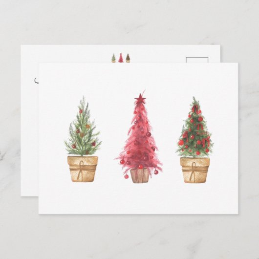 Carte Postale Joyeuses Fêtes Arbres de Noël Aquarelle Jolis (Devant / Derrière)