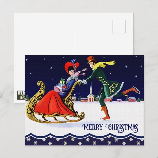 Carte Postale Joyeuses fêtes. Noël vintage Couple Patinage (Devant / Derrière)
