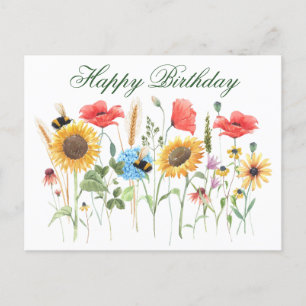 Carte Postale Joyeuses fleurs d'aquarelle d'anniversaire