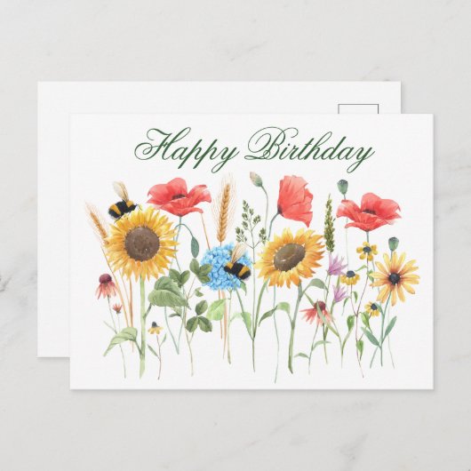 Carte Postale Joyeuses fleurs d'aquarelle d'anniversaire (Devant / Derrière)