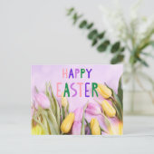 Carte Postale Joyeuses fleurs de tulipe rose et jaune de Pâques (Debout devant)