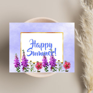 Carte Postale Joyeuses fleurs roses d'été sur l'or blanc et bleu