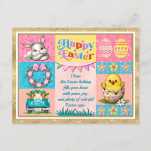 Carte Postale Joyeuses Pâques avec Lapin, Poussin, Œufs & Fleurs