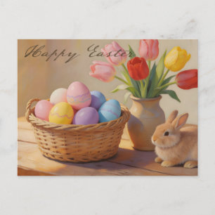 Carte Postale Joyeuses Pâques avec œufs colorés et tulipes