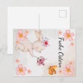 Carte Postale Joyeuses Pâques - avec un lapin et des fleurs (Devant / Derrière)