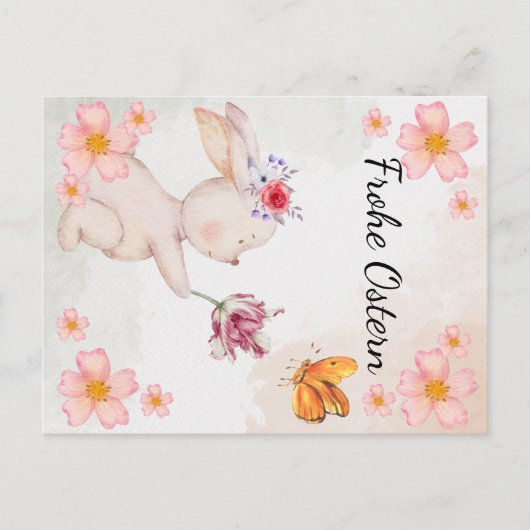 Carte Postale Joyeuses Pâques - avec un lapin et des fleurs (Devant)