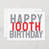 Carte Postale Joyeux 100e Anniversaire Gris Rouge Blanc Moderne  (Devant / Derrière)