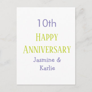 Carte Postale joyeux 10ème anniversaire pastel violet vert gras