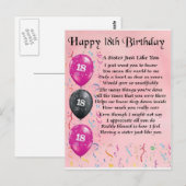 Carte Postale Joyeux 18e anniversaire - Poème soeur (Devant / Derrière)