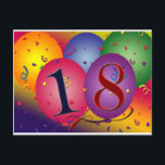 Carte Postale Joyeux 18ème anniversaire !<br><div class="desc">Les grands ballons colorés avec les confettis et l'arc-en-ciel ont coloré l'arrière - plan avec 18 dans les ballons.  Perfectionnez la conception pour vos 18èmes cadeaux/envois d'anniversaire.</div>
