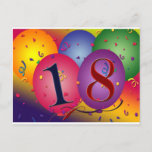 Carte Postale Joyeux 18ème anniversaire !<br><div class="desc">Les grands ballons colorés avec les confettis et l'arc-en-ciel ont coloré l'arrière - plan avec 18 dans les ballons.  Perfectionnez la conception pour vos 18èmes cadeaux/envois d'anniversaire.</div>