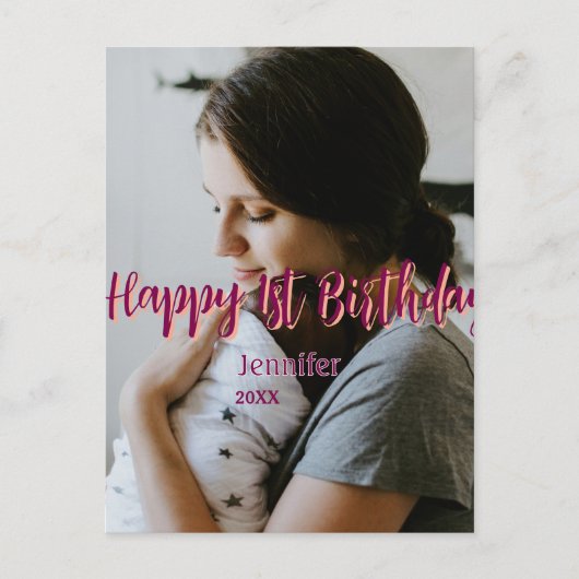 Carte Postale Joyeux 1er anniversaire enfants bébé mère rouge or (Devant)