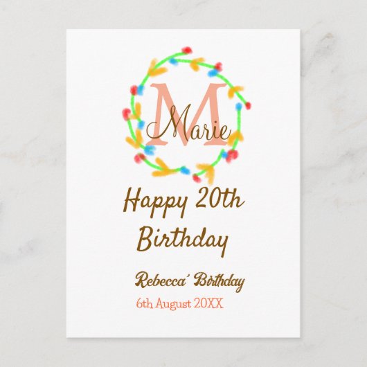 Carte Postale Joyeux 20e Anniversaire couronne de monogramme rou (Devant)