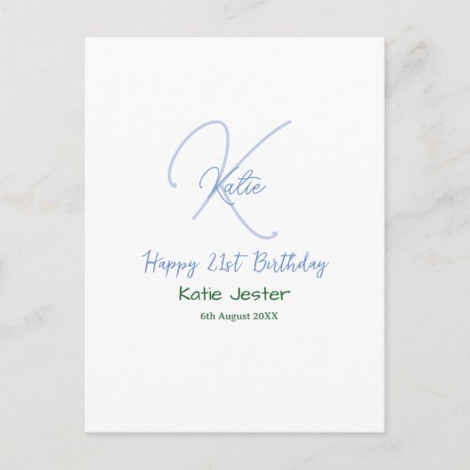 Carte Postale Joyeux 21e anniversaire bleu ajouter un monogramme (Devant)