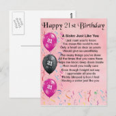 Carte Postale Joyeux 21e anniversaire - Poème soeur (Devant / Derrière)