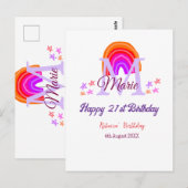 Carte Postale Joyeux 21e Anniversaire rose ajouter nom monogramm (Devant / Derrière)