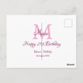 Carte Postale Joyeux 21e Anniversaire rose ajouter nom monogramm (Dos)