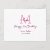 Carte Postale Joyeux 21e Anniversaire rose ajouter nom monogramm (Devant)