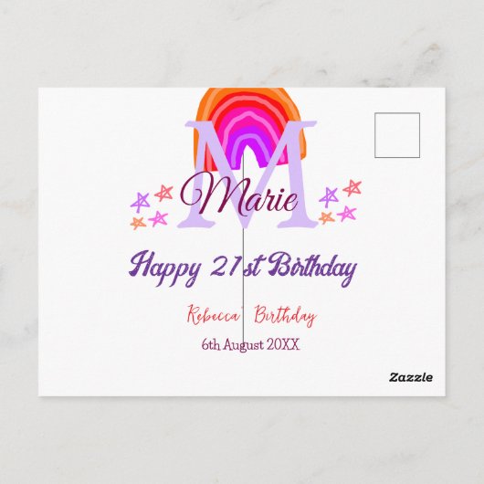Carte Postale Joyeux 21e Anniversaire rose ajouter un nom monogr (Dos)